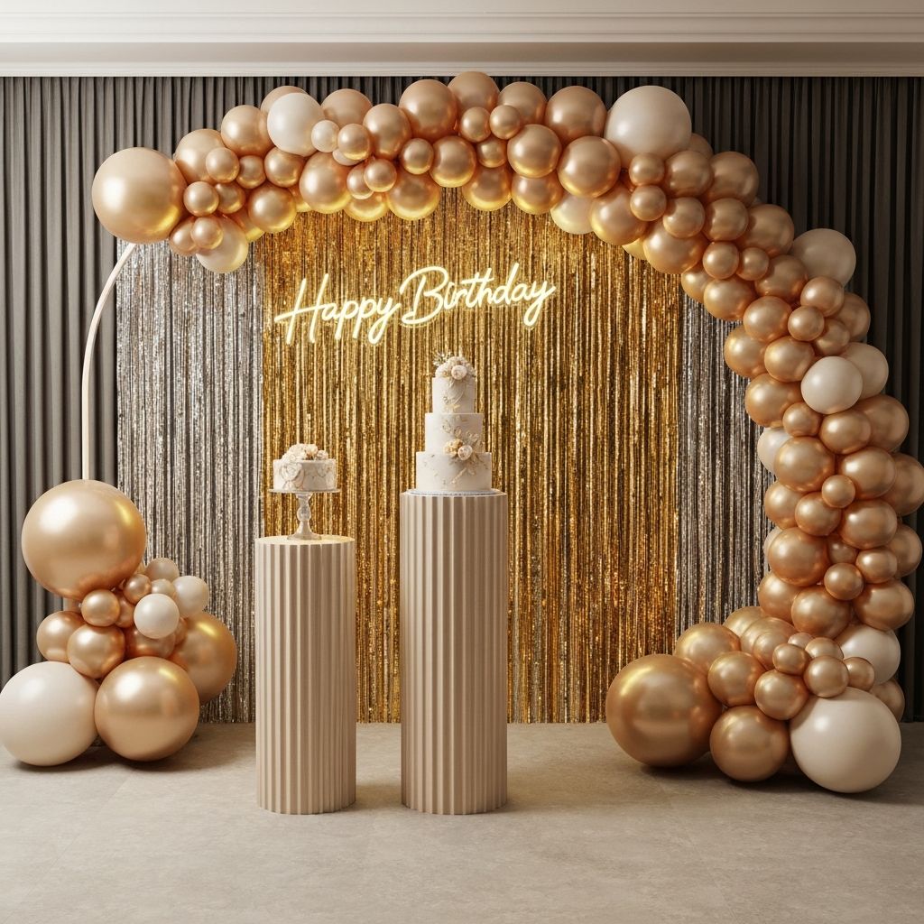 Birthday shimmer backdrop with neon sign and balloon arch