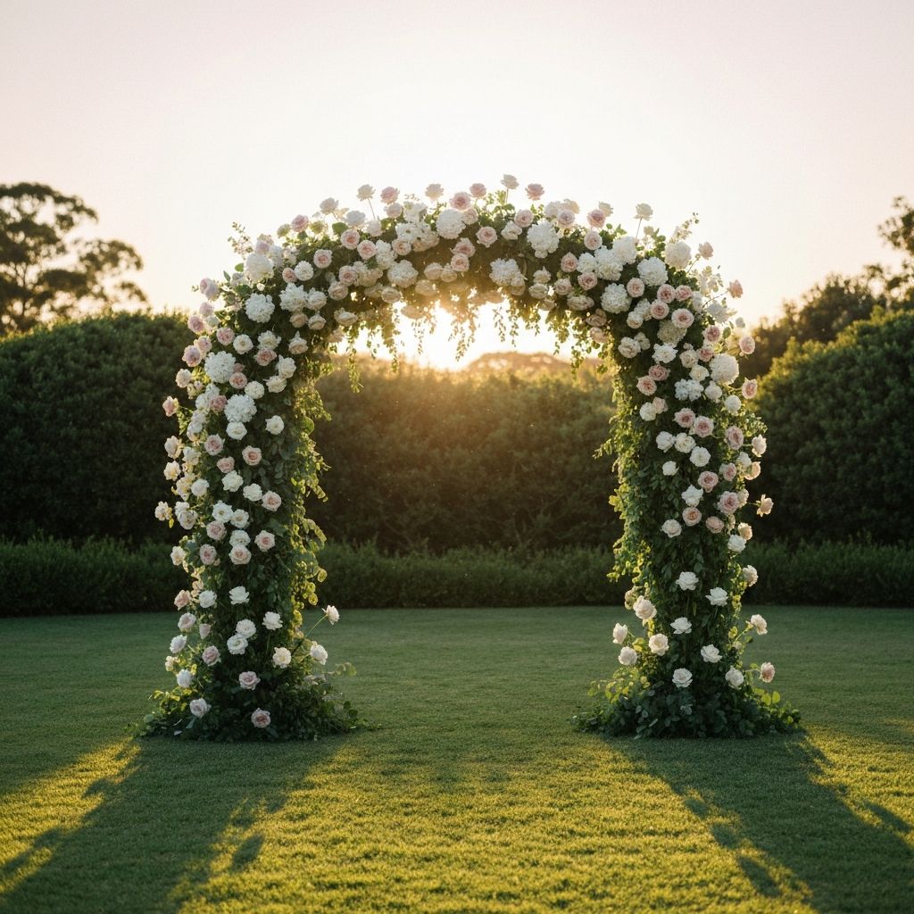 Wedding floral arch with white and blush roses