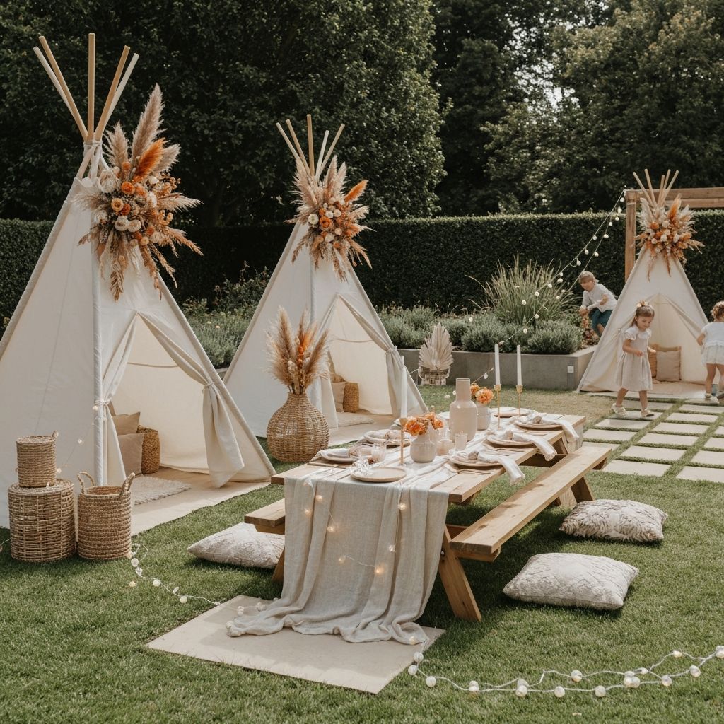 Boho kids birthday with teepees and dried florals