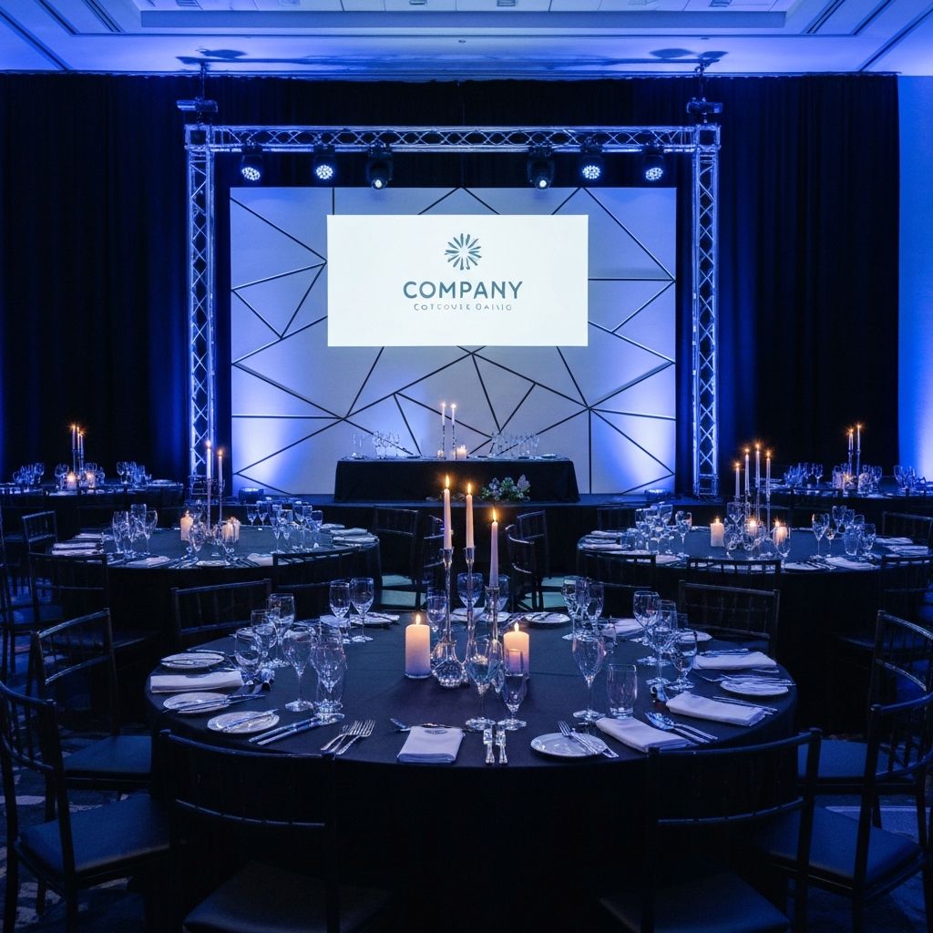 Modern corporate gala with geometric backdrop