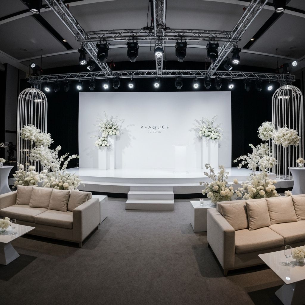 Upscale product launch with white floral installation