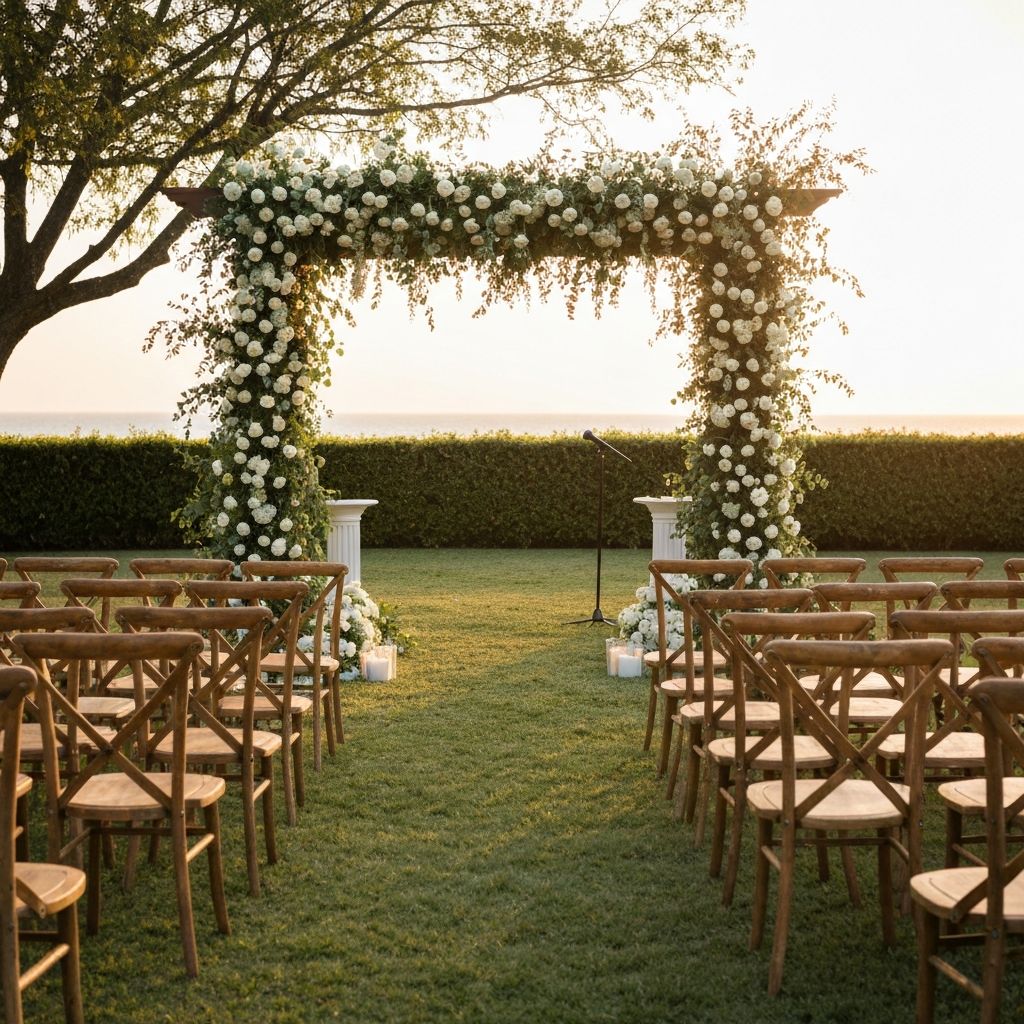 Outdoor wedding ceremony arch with white roses
