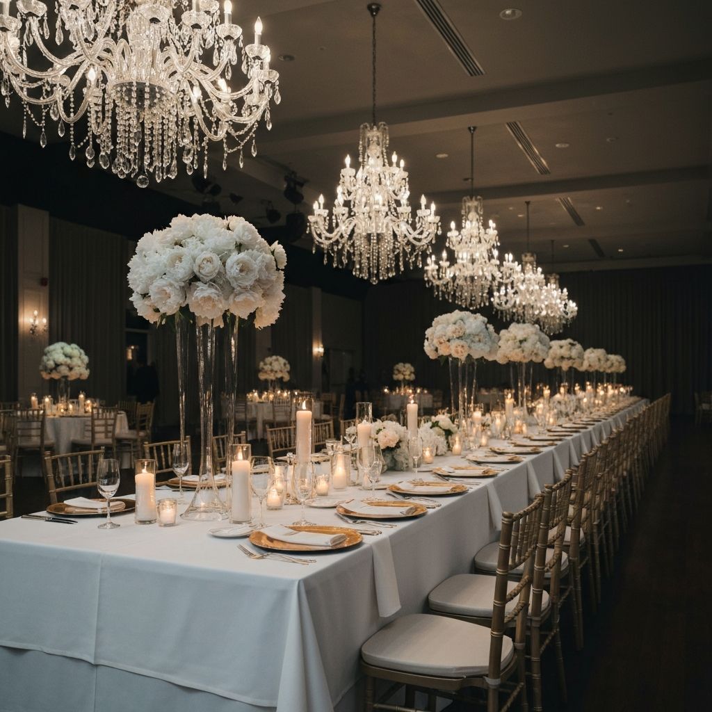 Indoor wedding reception with chandeliers and tall florals