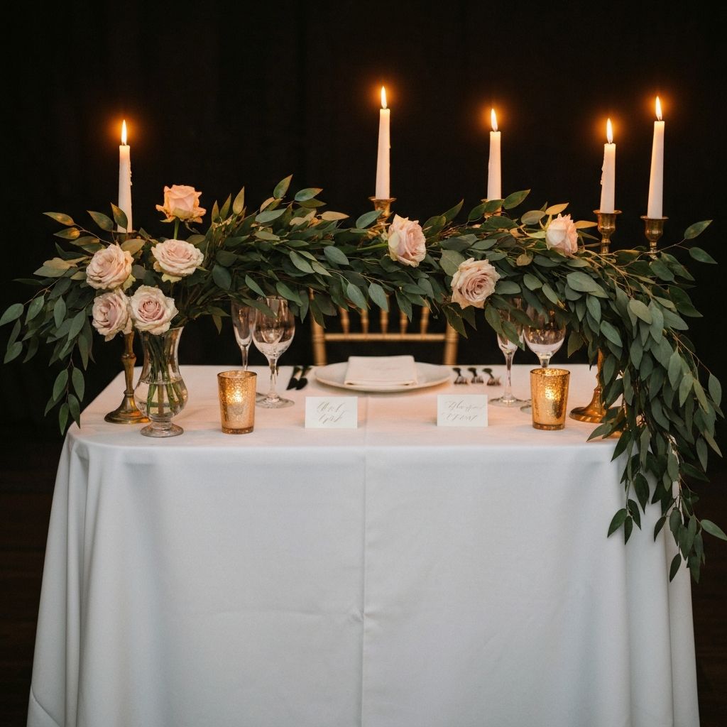 Romantic sweetheart table with greenery and taper candles